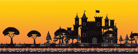 Medieval castle with towers and green trees on orange background. Vector illustration.のイラスト素材
