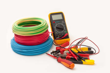 A bunch of electrical tools isolated on white の写真素材