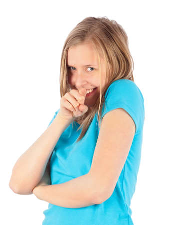 Young girl pointing with her finger on the camera - flirting の写真素材