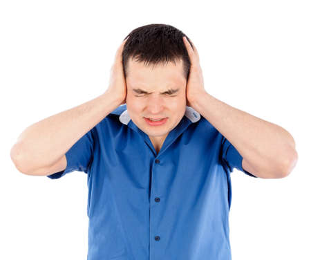 Businessman covering his ears with his hands - isolated on white の写真素材