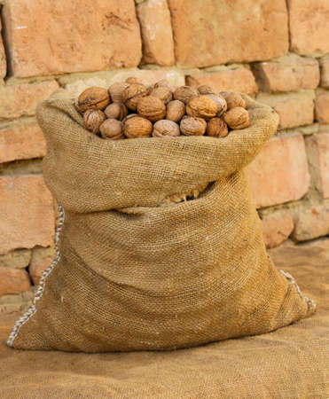 A sack full of walnuts in front of a wall の写真素材