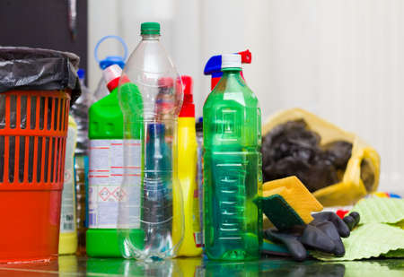 Indoor closeup of collected trash for useful removal by recycling it.の写真素材