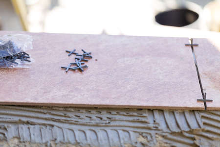 Outdoors construction on concrete staggered ceramic cement.の写真素材