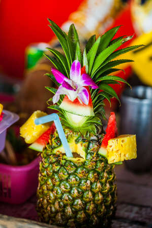 Close up of one hundres percent fruit and alcohol pineapple cocktail.の写真素材
