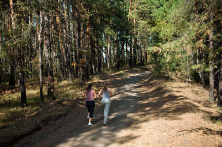 Two girls of the athlete perform a run in the morning in the sunny forest.の写真素材