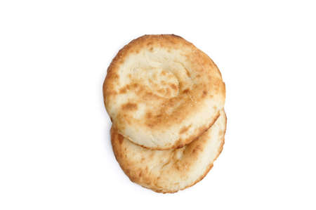 food, pita bread, two fresh, fragrant, crisp breads on a white background.の写真素材