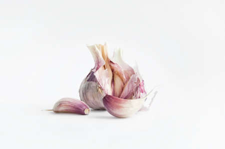 opened head of garlic on a white background, side viewの写真素材