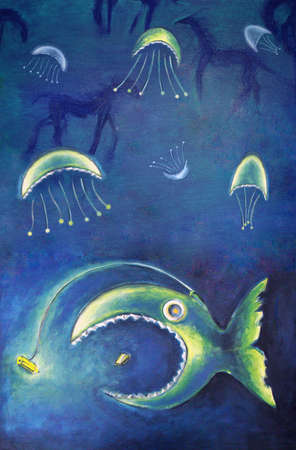 oil painting of fairytale deep fish with jellyfishの写真素材