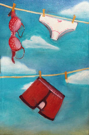 Painting of underwear hanging on a clothesline on sunny dayの写真素材