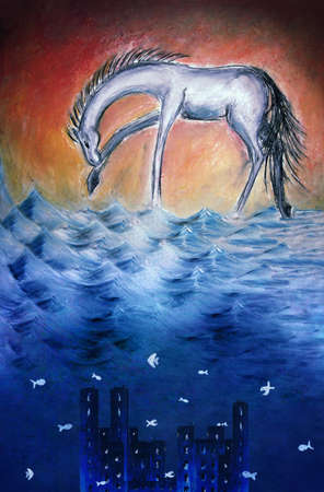 oil painting of fairytale horse above underwater cityの写真素材