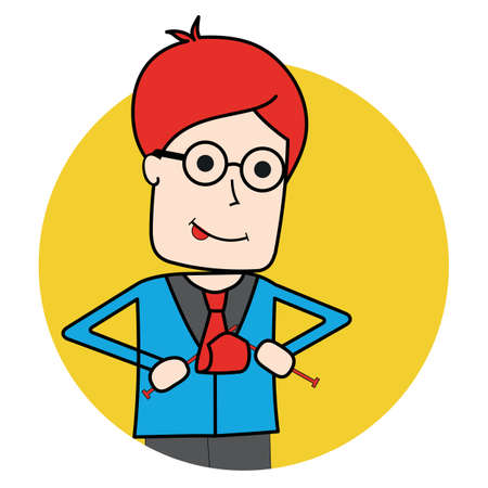 redhead business man knitting his tie in yellow dotのイラスト素材