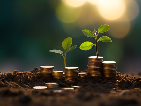 stacks of coins with plant sprout finance growth concept ai generate designの素材