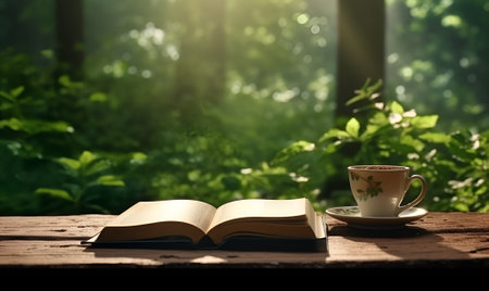 outdoor table coffee and book nature background forest generative ai designの素材