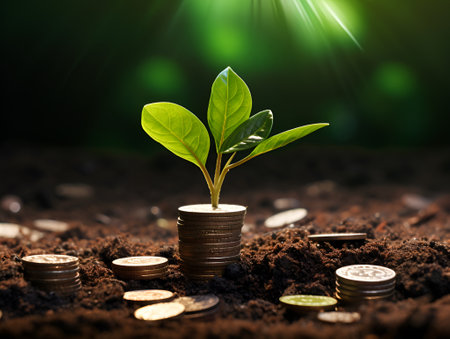 stacks of coins with plant sprout finance growth concept ai generate designの素材