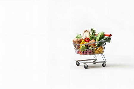 shopping trolley full of fruit and vegetables copy space white background ai generative contentの素材