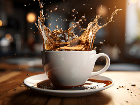 dramatic black coffee splash cup glass on the table coffee bean generative aiの素材