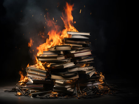 burned pile of books stack on fire knowledge lost concept generative ai designの素材