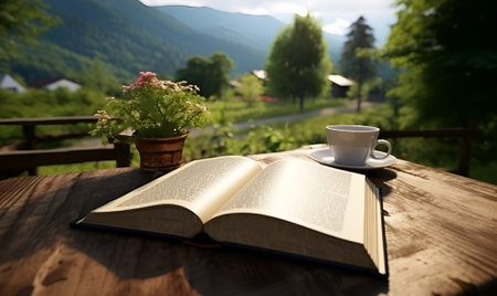 book and coffee on the table nature background ai generative contentの素材