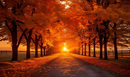 village dirt road with orange autumn trees and leaves on the edge with sunset, ai generative designの素材