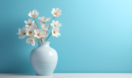 white flowers in a beautiful vase minimalist copy space with pastel blue background, ai generative designの素材