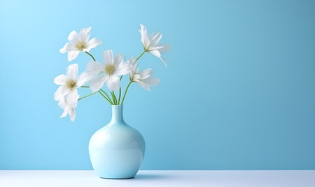 white flowers in a beautiful vase minimalist copy space with pastel blue background, ai generative designの素材