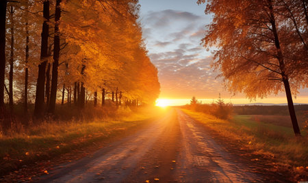 village dirt road with orange autumn trees and leaves on the edge with sunset, ai generative designの素材