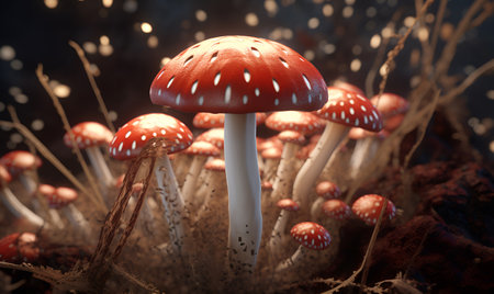 Amanita mushrooms focus on forest natural background, ai generative designの素材