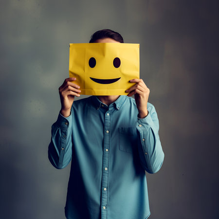 man in shirt covering face with happy smiling emoji, generative ai designの素材