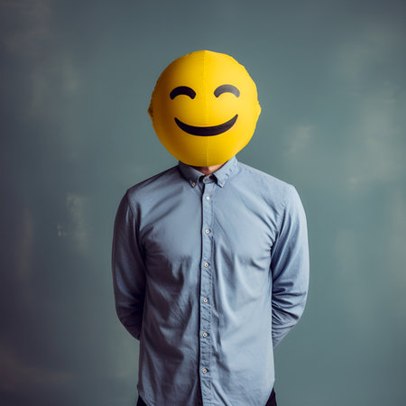man in shirt covering face with happy smiling emoji, generative ai designの素材