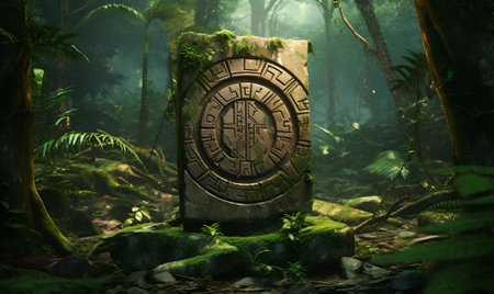 ancient inscriptions in old and mossy green rainforest, generative ai designの素材