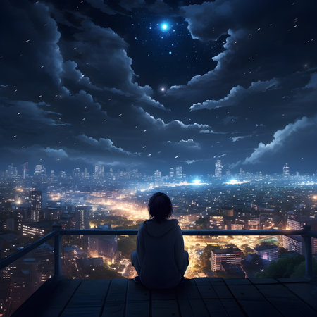 Japanese cartoon character looking at the city at night, ai generative designの素材