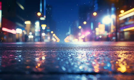 Focus on city streets at night with blurry light background, AI generative designの素材