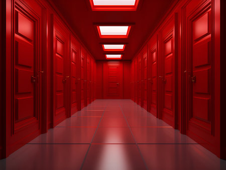 hallway with many red doors, ai generative designの素材