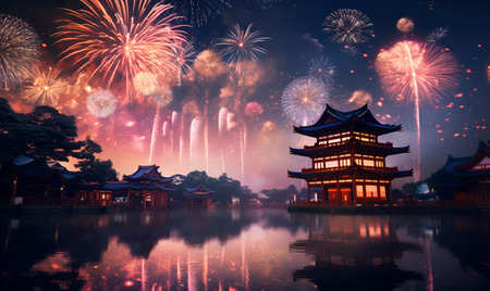 Japanese night fireworks festival with typical Japanese buildings, AI Generative designの素材