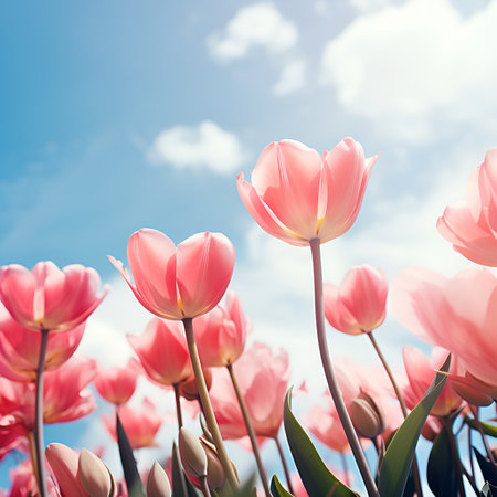 beautiful pink tulip flower with blue sky background, generative ai designの素材