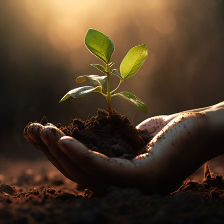 hands holding soil and plants natural background, ai generative designの素材