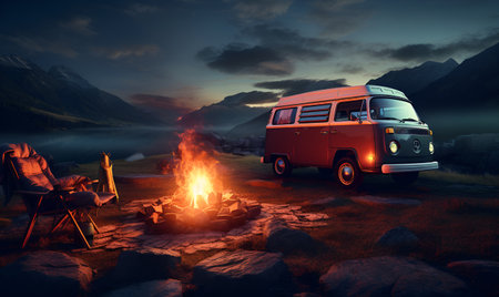 campfire on the mountain with backpacker camping car, generative ai designの素材