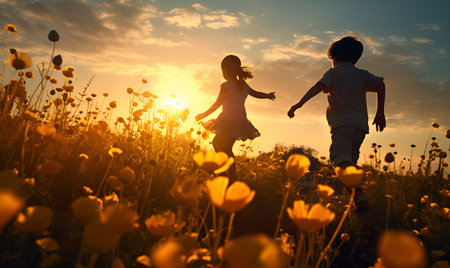 shadow of children playing in a field of flowers at sunset, ai generative designの素材