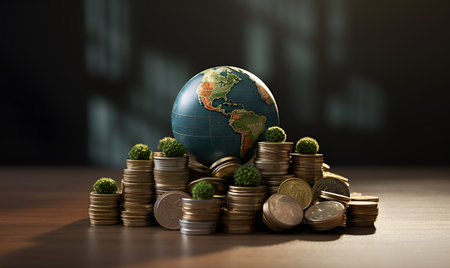 miniature earth globe and pile of coins and plants, generative ai designの素材