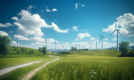 wind power plant on a wide green grass field, ai generative designの素材