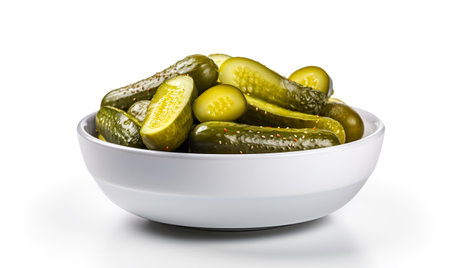 bowl of pickled cucumber white background macro, ai generative designの素材