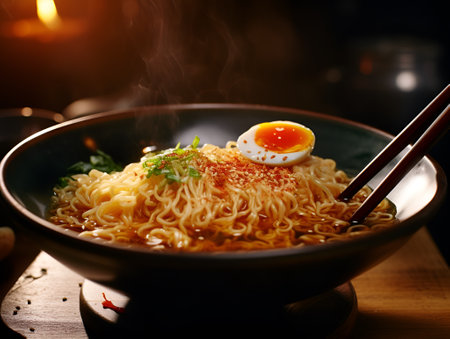 a bowl of macro ramen topped with katsu and boiled egg, ai generative designの素材