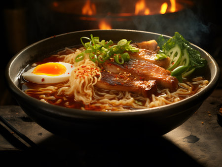 a bowl of macro ramen topped with katsu and boiled egg, ai generative designの素材
