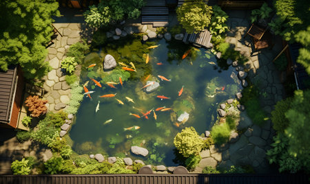 Japanese koi fish pond view from above, ai generative designの素材