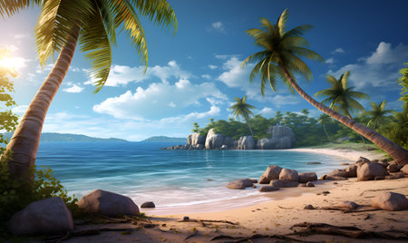 digital art beach with coconut trees, ai generative designの素材
