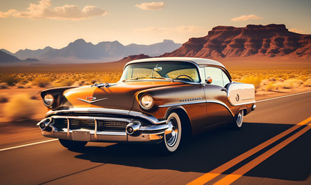 retro vintage classic car on a quiet country road, ai generative designの素材
