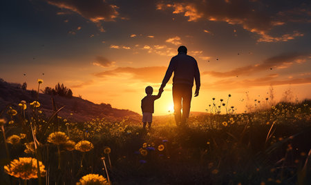 father and son silhouette in flower field at sunset, ai generative designの素材