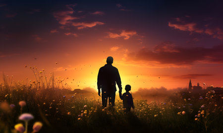father and son silhouette in flower field at sunset, ai generative designの素材