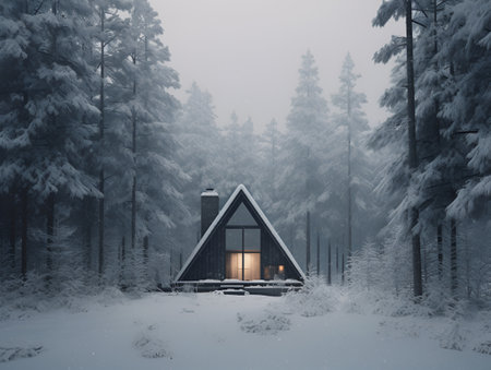 triangular cabin in winter snowy forest, ai generative designの素材