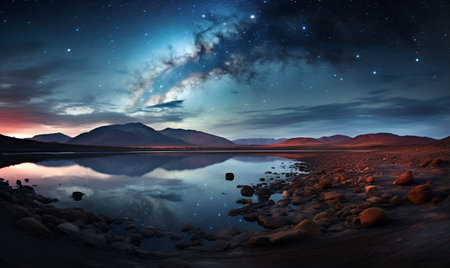 view of rock lake with beautiful arctic sky, ai generative designの素材